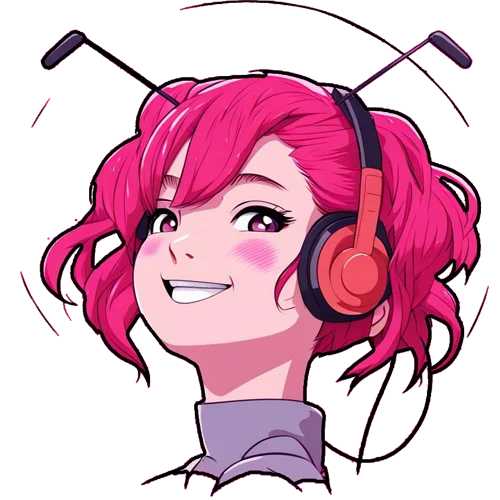 The Hugbug mascot: a grinning pink-haired character wearing headphones
